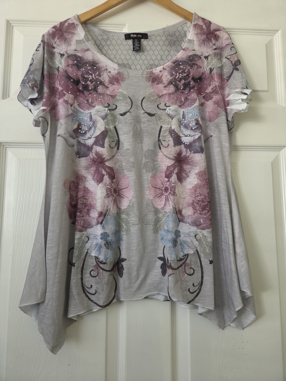 Style & Co. Floral Short-Sleeve Swing Tunic in Grey and Dusty Pink XL